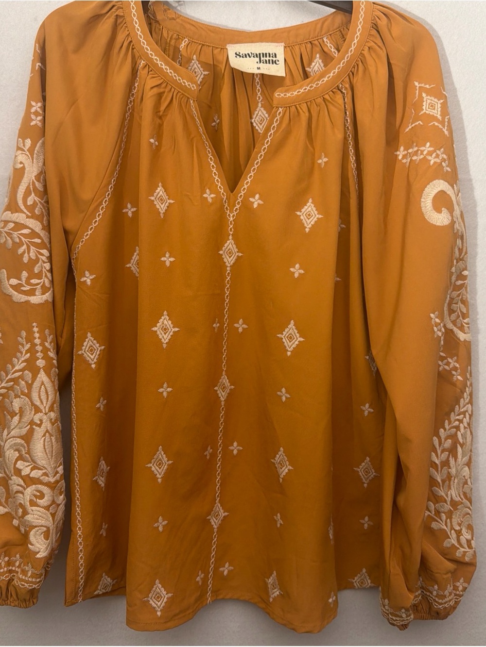 Savanna Jane Women's Mustard Embroidered Boho Blouse southwestern peasant M
